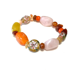 Armband kralen mix acryl/natuursteen geel/oranje/roze