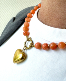 Ketting oranje chalcedoon kralen 10mm/hart goud