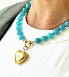 Ketting aqua blauwe amazoniet kralen 10mm  /hart goud