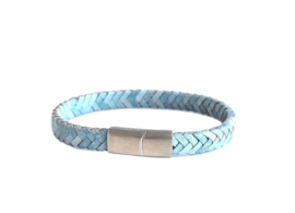 Heren armband gevlochten leer licht blauw 8mm