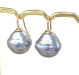 Barok parel oorbellen grijs/goud