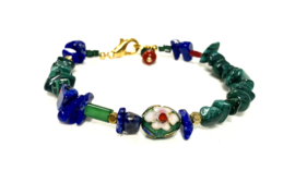 Armband natuursteen Malachiet, Lapis en bloem