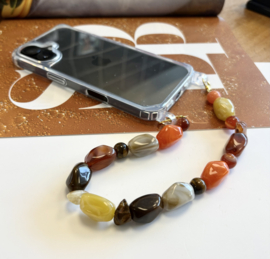 Telefoonkoord kralen acryl/natuursteen bruin/oranje