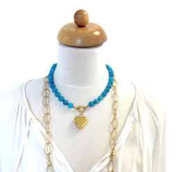 Ketting aqua blauwe amazoniet kralen 10mm  /hart goud