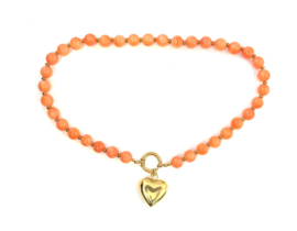 Ketting oranje chalcedoon kralen 10mm/hart goud