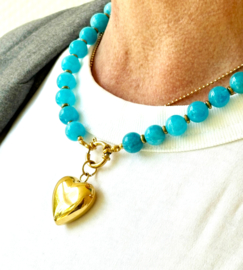 Ketting aqua blauwe amazoniet kralen 10mm  /hart goud