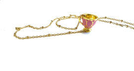 Ketting stainless steel goud met  roze theekopje