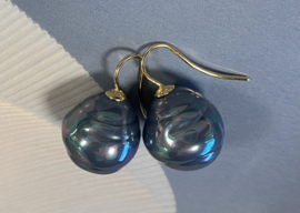 Barok parel oorbellen groot Tahiti/pacific blue/goud