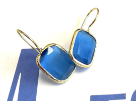 Oorbellen cateye steen rechthoek blauw
