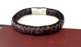 Heren armband gevlochten leer  kastanje bruin 10mm