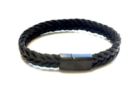 Heren armband zwart leer fishtail gevlochten