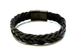 Heren armband breed zwart leer fishtail gevlochten