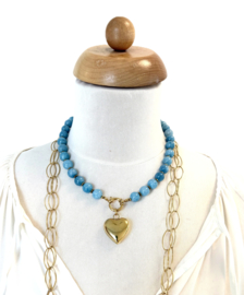Ketting blauwe jade 8mm /gouden hart