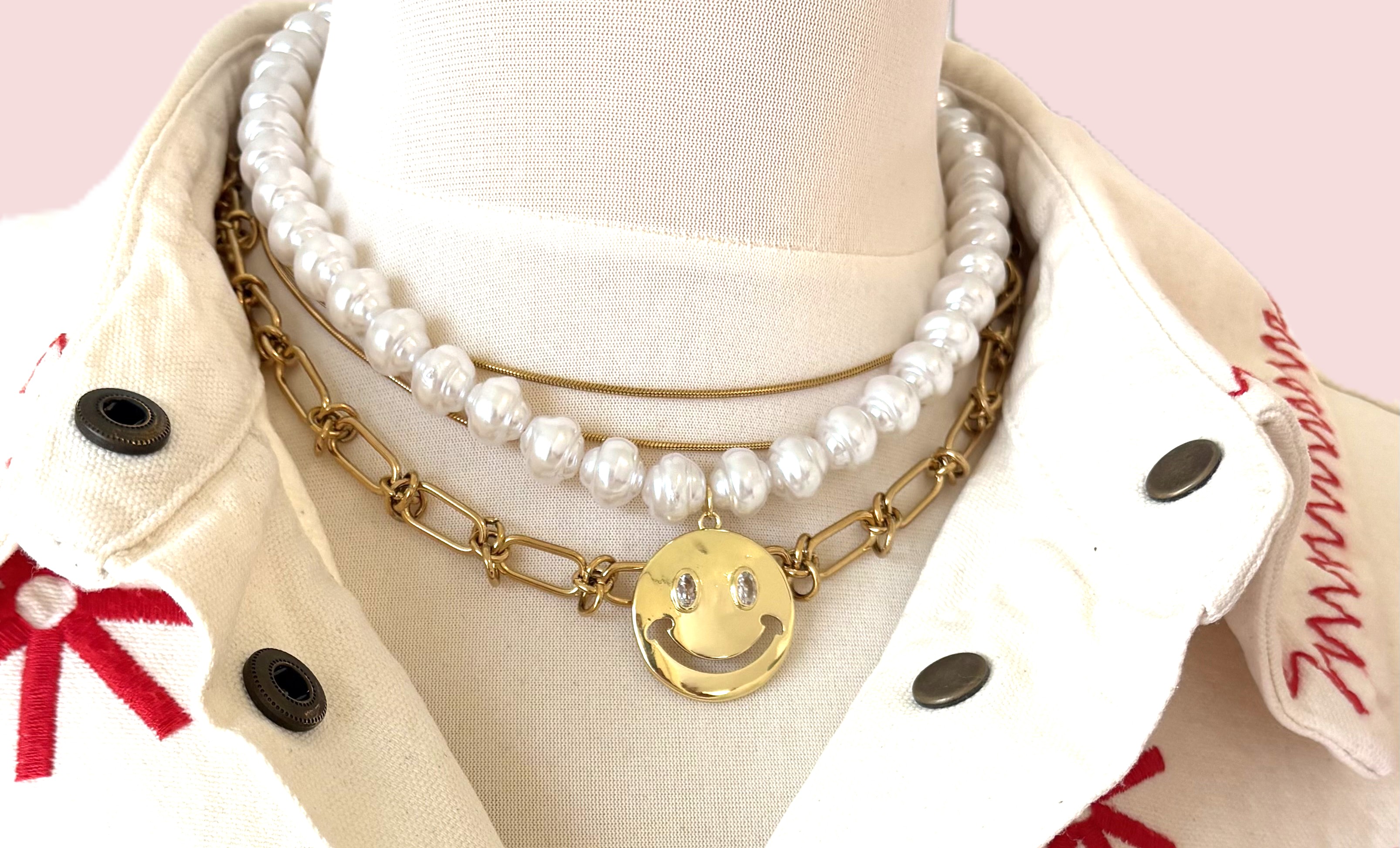 Ketting imitatie parels smiley