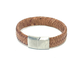 Heren armband gevlochten leer cognac 15mm