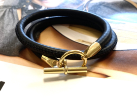 Armband leer hermes style zwart/  goud