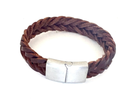 Heren armband breed bruin leer fishtail gevlochten