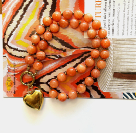 Ketting oranje chalcedoon kralen 10mm/hart goud