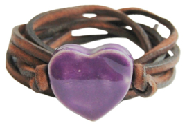 Armband leren veter met paars hart