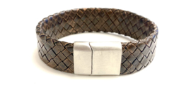 Heren armband gevlochten leer breed donker bruin 18mm