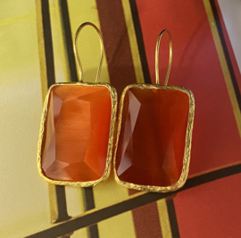 Oorbellen grote cateye steen rechthoekig oranje