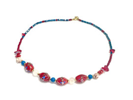 Necklace  decorated glass beads natural stone red