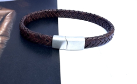 Heren armband gevlochten leer bruin 8mm