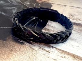 Heren armband breed zwart leer fishtail gevlochten