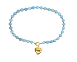 Ketting blauwe jade 8mm /gouden hart