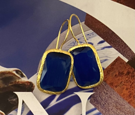 Oorbellen cateye steen rechthoek donker blauw