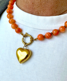 Ketting oranje chalcedoon kralen 10mm/hart goud