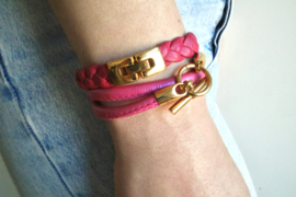 Armband gevlochten leer roze