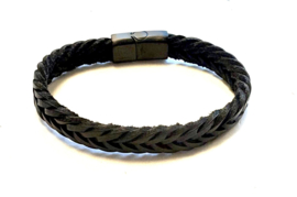 Heren armband zwart leer fishtail gevlochten