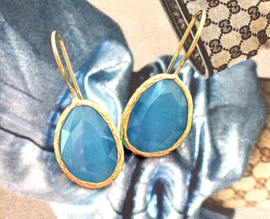 Oorbellen cateye steen aqua blauw