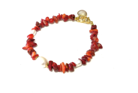 Armband natuursteen Koraalrood en Parel
