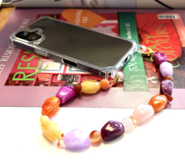 Telefoonkoord kralen acryl/natuursteen oranje/roze