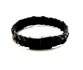 Heren armband breed zwart leer fishtail gevlochten