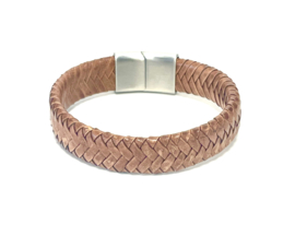 Heren armband gevlochten leer cognac 15mm