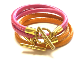 Armband leer hermes style roze/goud