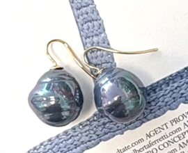 Barok parel oorbellen groot Tahiti/pacific blue/goud