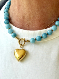 Ketting blauwe jade  kralen 10mm /hart goud