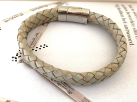 Heren armband gevlochten leer taupe 10mm
