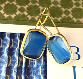 Oorbellen cateye steen rechthoek blauw
