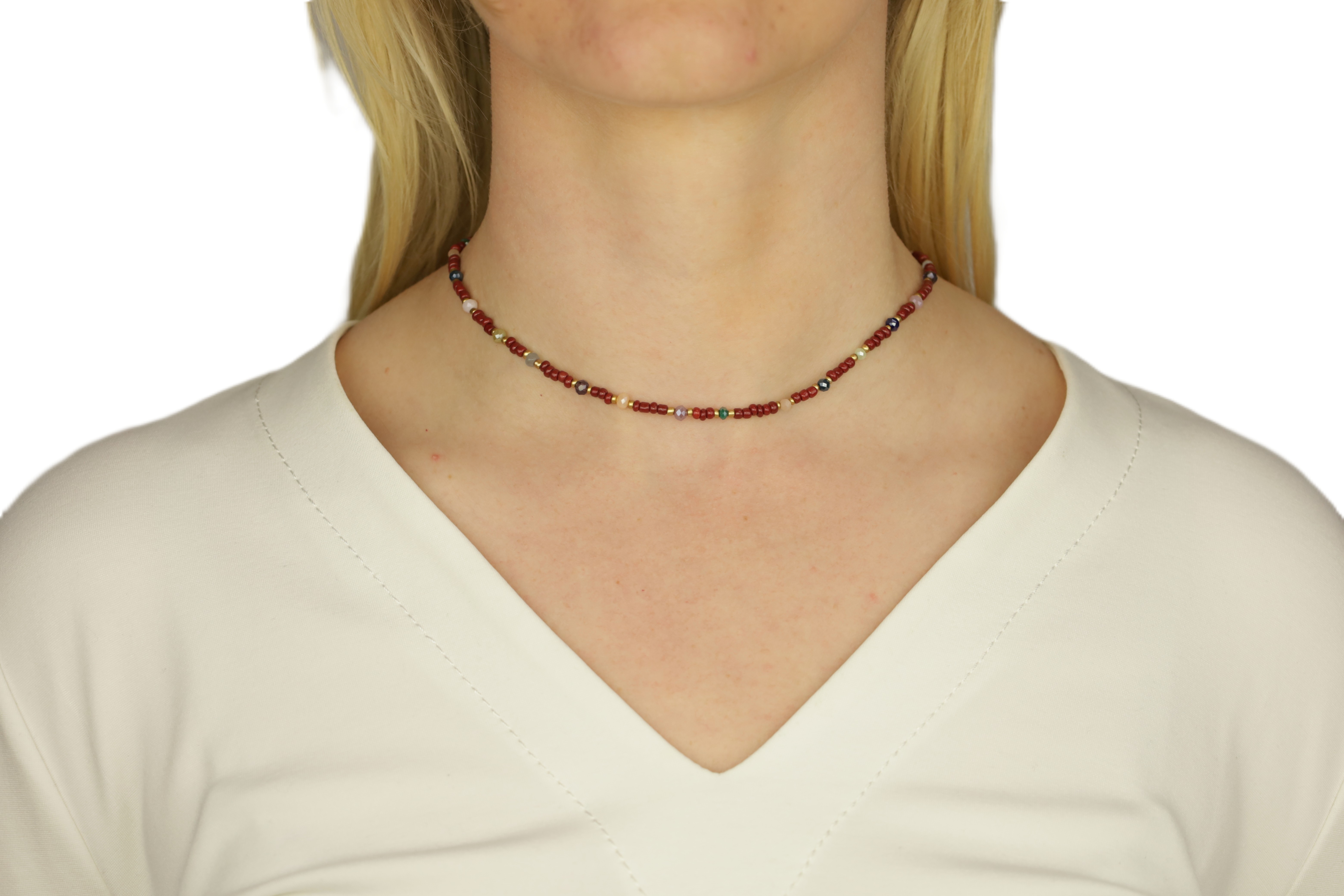 Ketting bordeaux rood met edelsteentjes en kristal