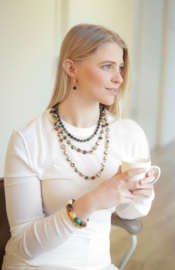 Ketting lang parelmoer en kristal groen/bruin