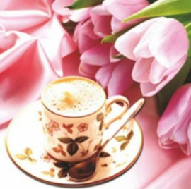 Full Diamond Painting koffie met roze tulpjes 30 x 30