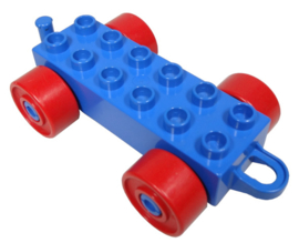 Duplo auto/trein aanhanger 2x6 blauw met rode wielen en gesloten haak