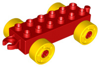 Duplo auto/trein aanhanger 2x6 rood met gele wielen met bouten