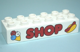 Lego Duplo steen 2 x 6 met ijshoorntje, 'SHOP' en hotdogpatroon 2300pb012