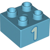 Lego Duplo steen 2x2 Medium Azure cijfer 1 (wit)- 3437pb100